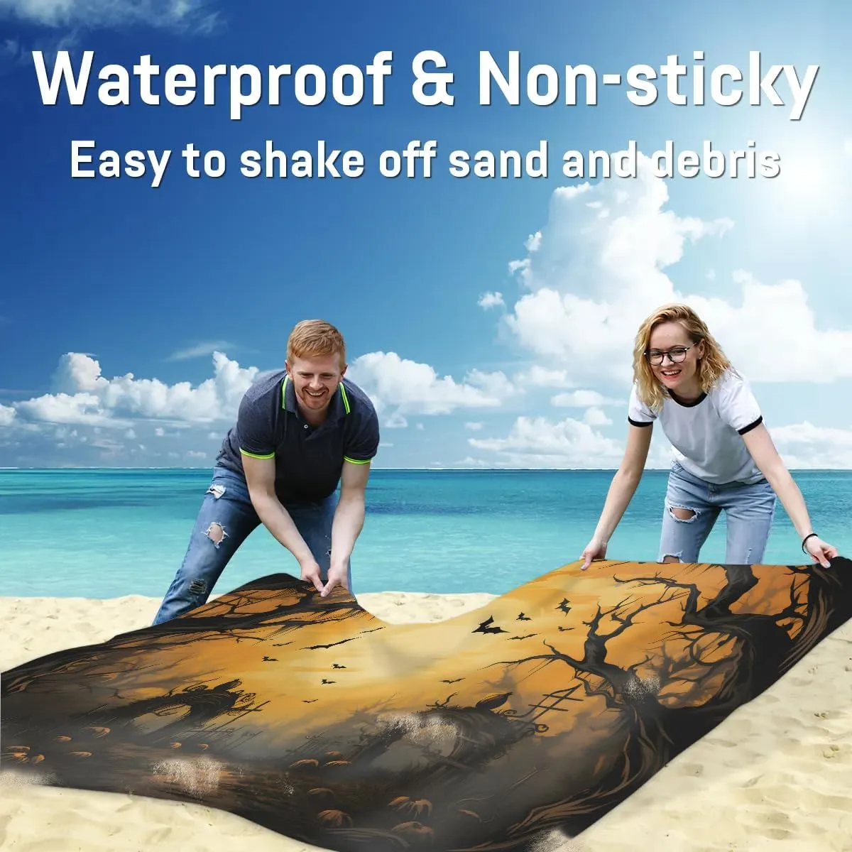 Beach Blanket, Happy Halloween Sandproof Beach Mat, Waterproof Quick Drying Sand Free Mat with 4 x Ground Spikes for Outdoor Travel Camping Hiking, Crows 68 x 59 in
