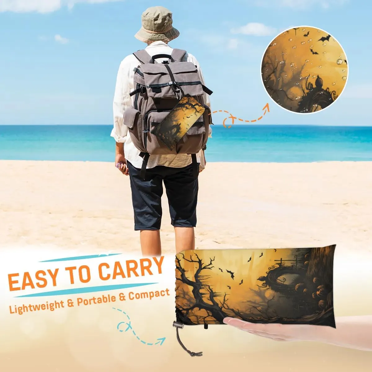 Beach Blanket, Happy Halloween Sandproof Beach Mat, Waterproof Quick Drying Sand Free Mat with 4 x Ground Spikes for Outdoor Travel Camping Hiking, Crows 68 x 59 in