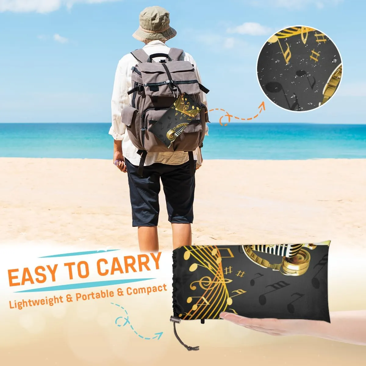 Beach Blanket, Microphone Sandproof Beach Mat, Waterproof Quick Drying Sand Free Mat with 4 x Ground Spikes for Outdoor Travel Camping Hiking, Music Theme 68 x 59 in