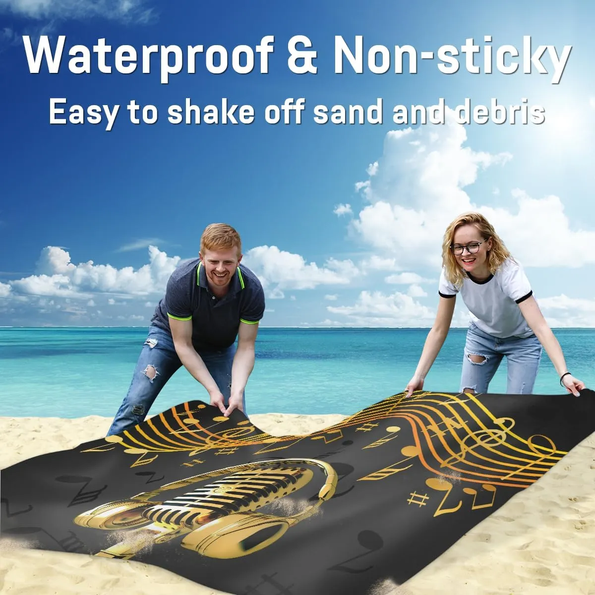 Beach Blanket, Microphone Sandproof Beach Mat, Waterproof Quick Drying Sand Free Mat with 4 x Ground Spikes for Outdoor Travel Camping Hiking, Music Theme 68 x 59 in