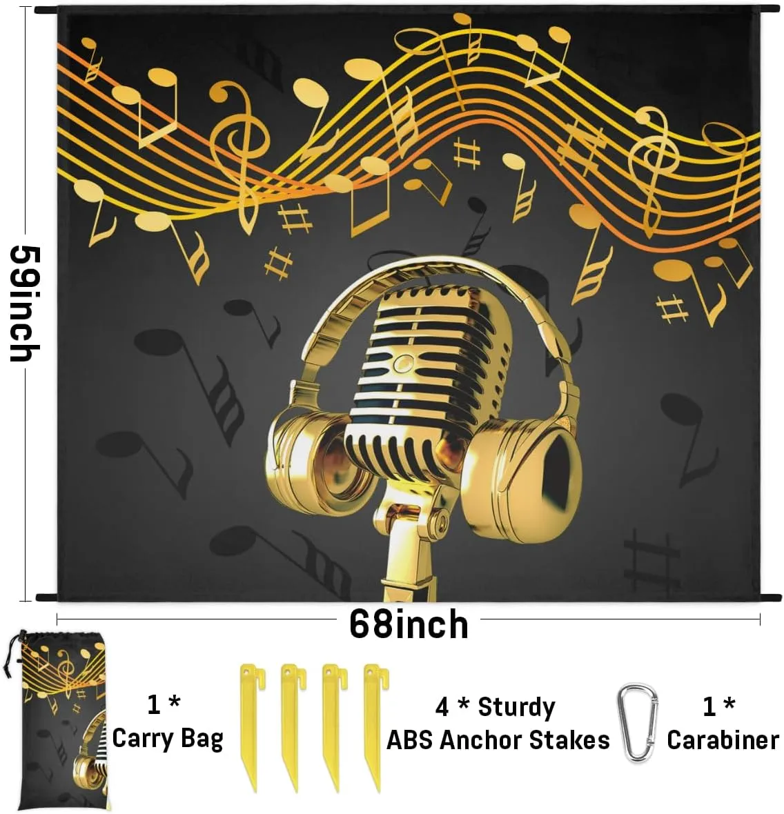 Beach Blanket, Microphone Sandproof Beach Mat, Waterproof Quick Drying Sand Free Mat with 4 x Ground Spikes for Outdoor Travel Camping Hiking, Music Theme 68 x 59 in