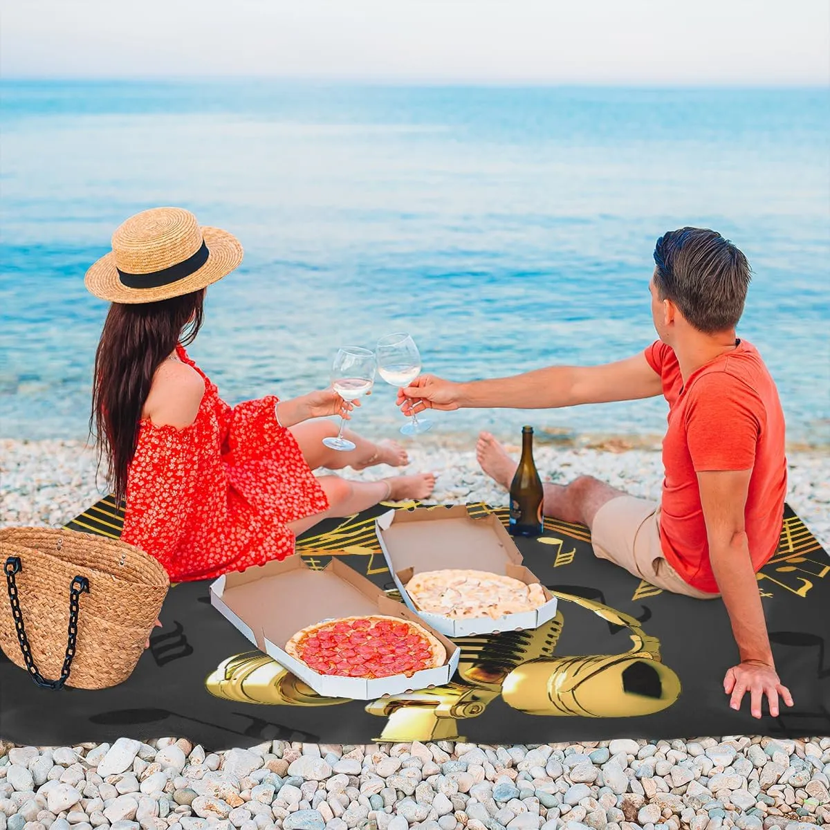 Beach Blanket, Microphone Sandproof Beach Mat, Waterproof Quick Drying Sand Free Mat with 4 x Ground Spikes for Outdoor Travel Camping Hiking, Music Theme 68 x 59 in