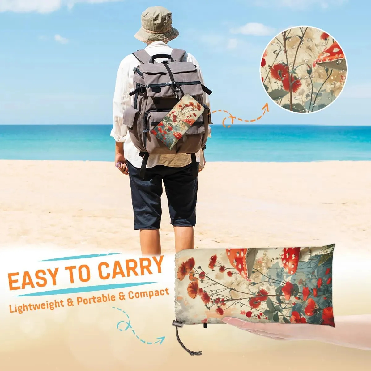 Beach Blanket, Mushrooms Sandproof Beach Mat, Waterproof Quick Drying Sand Free Mat with 4 x Ground Spikes for Outdoor Travel Camping Hiking, Floral Mushroom Print 68 x 59 in