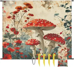 Beach Blanket, Mushrooms Sandproof Beach Mat, Waterproof Quick Drying Sand Free Mat with 4 x Ground Spikes for Outdoor Travel Camping Hiking, Floral Mushroom Print 68 x 59 in
