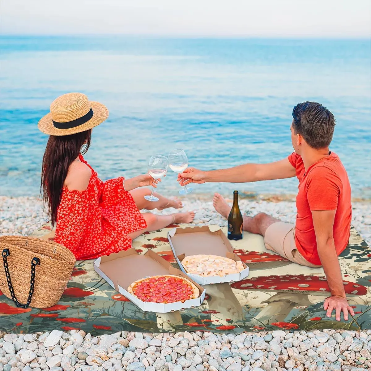 Beach Blanket, Mushrooms Sandproof Beach Mat, Waterproof Quick Drying Sand Free Mat with 4 x Ground Spikes for Outdoor Travel Camping Hiking, Floral Mushroom Print 68 x 59 in