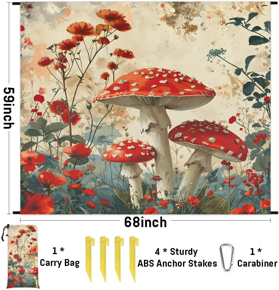 Beach Blanket, Mushrooms Sandproof Beach Mat, Waterproof Quick Drying Sand Free Mat with 4 x Ground Spikes for Outdoor Travel Camping Hiking, Floral Mushroom Print 68 x 59 in