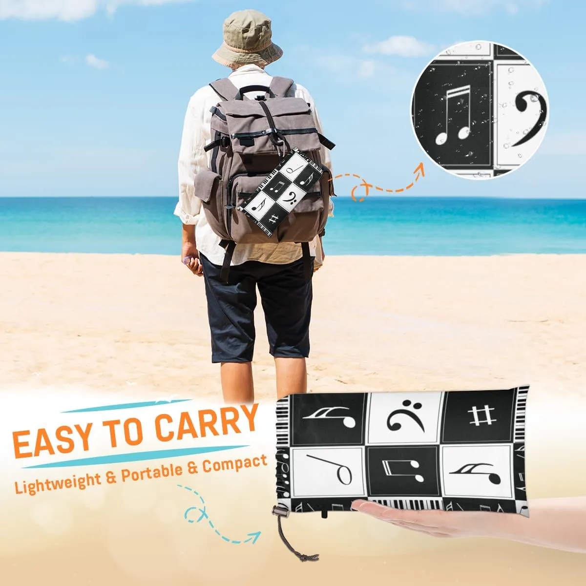 Beach Blanket, Music Notes Sandproof Beach Mat, Waterproof Quick Drying Sand Free Mat with 4 x Ground Spikes for Outdoor Travel Camping Hiking, Music Theme 68 x 59 in