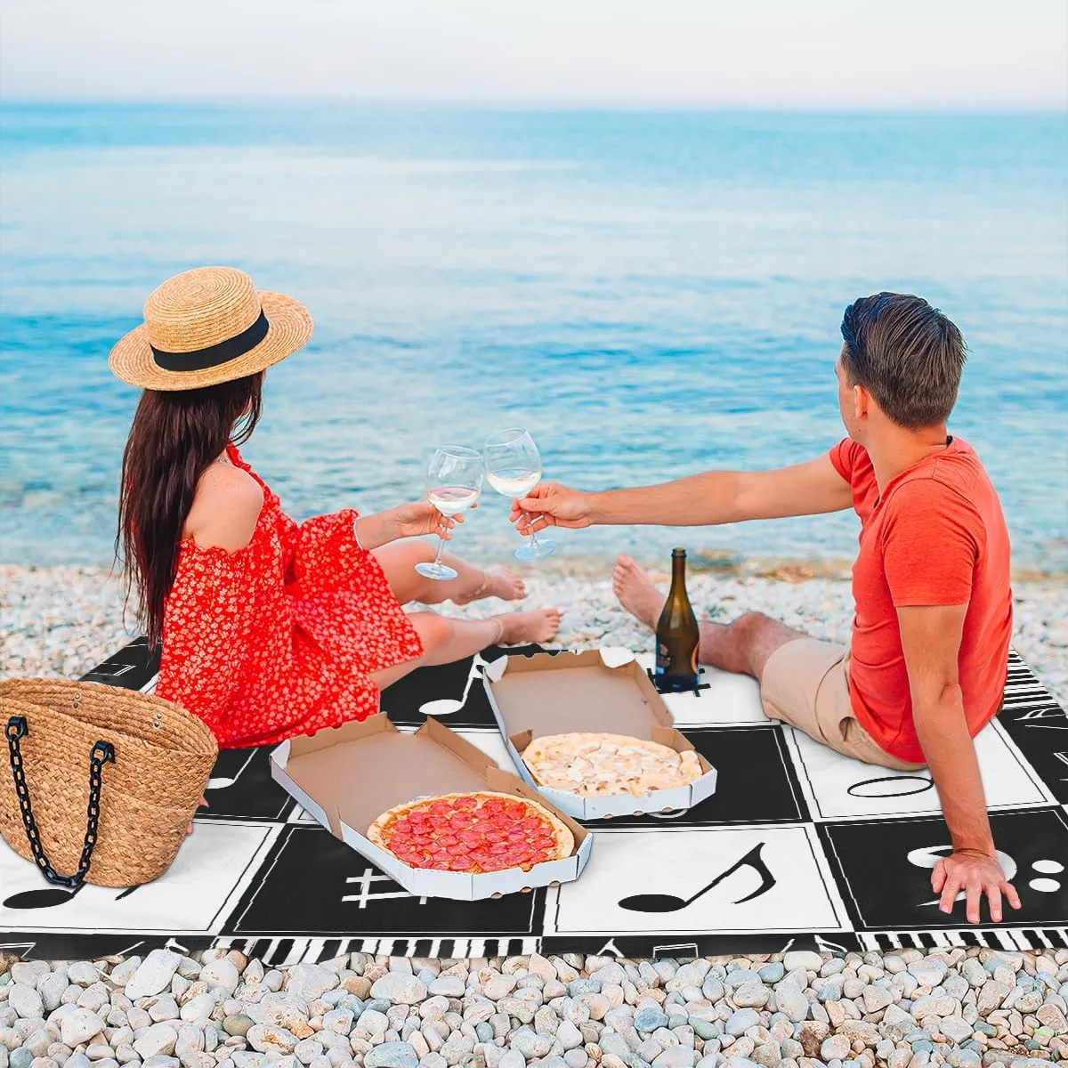 Beach Blanket, Music Notes Sandproof Beach Mat, Waterproof Quick Drying Sand Free Mat with 4 x Ground Spikes for Outdoor Travel Camping Hiking, Music Theme 68 x 59 in
