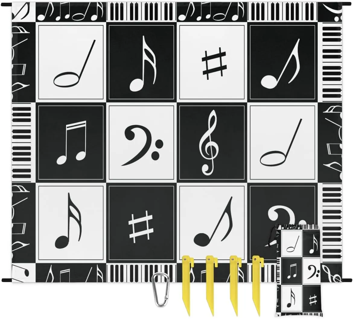 Beach Blanket, Music Notes Sandproof Beach Mat, Waterproof Quick Drying Sand Free Mat with 4 x Ground Spikes for Outdoor Travel Camping Hiking, Music Theme 68 x 59 in