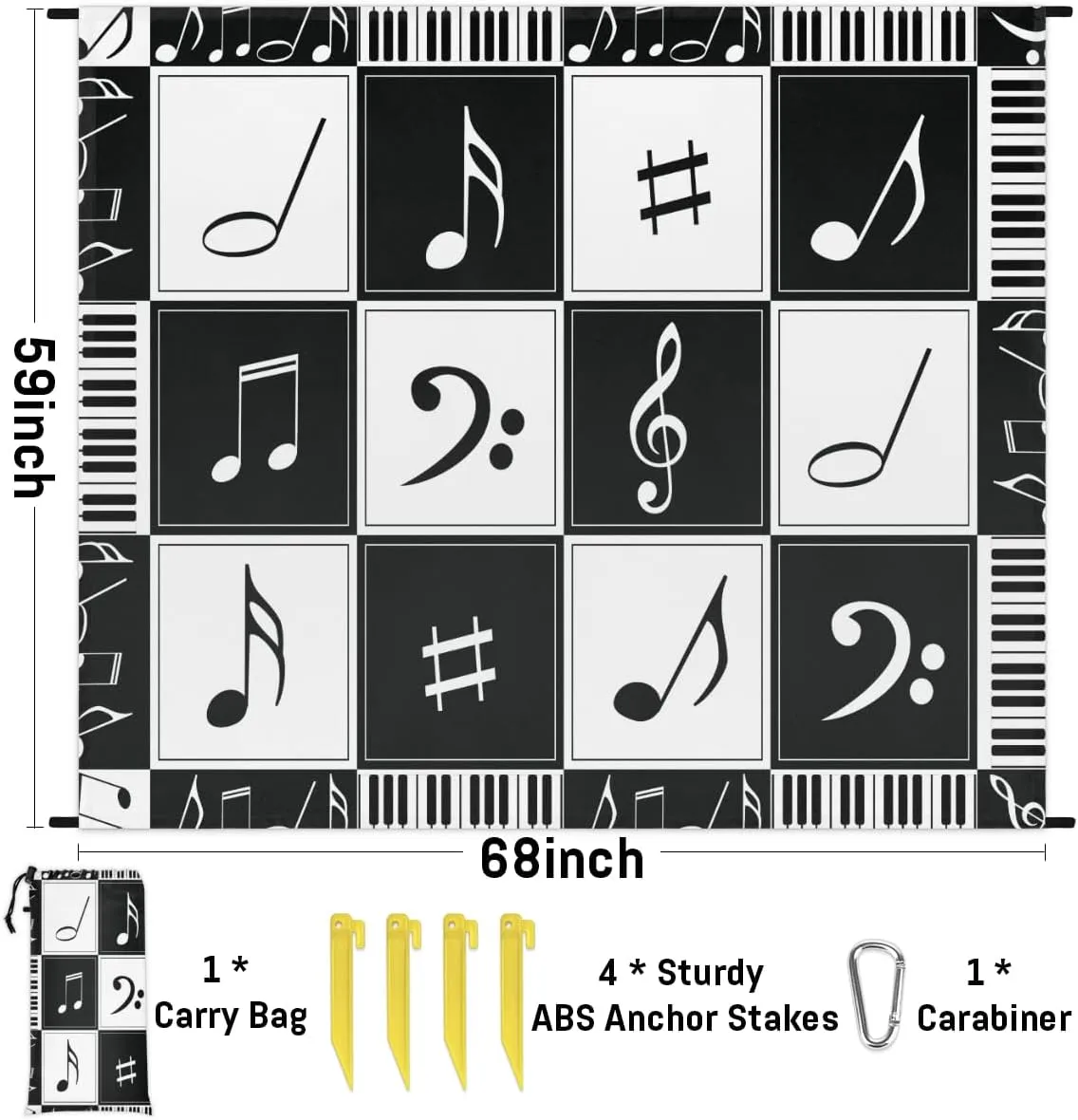 Beach Blanket, Music Notes Sandproof Beach Mat, Waterproof Quick Drying Sand Free Mat with 4 x Ground Spikes for Outdoor Travel Camping Hiking, Music Theme 68 x 59 in
