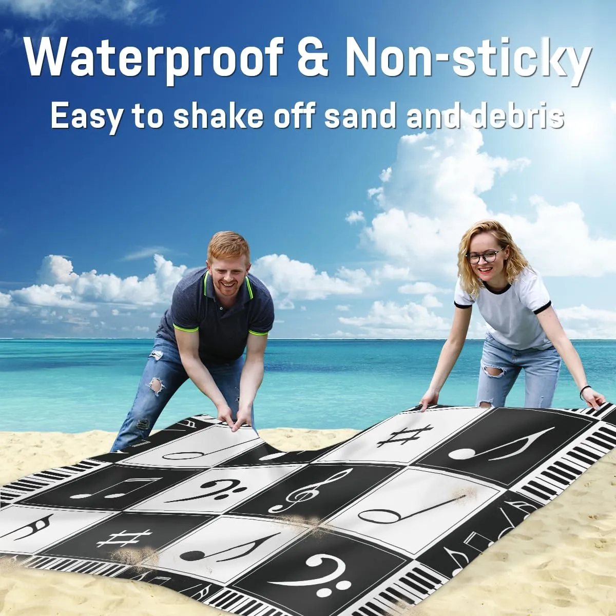 Beach Blanket, Music Notes Sandproof Beach Mat, Waterproof Quick Drying Sand Free Mat with 4 x Ground Spikes for Outdoor Travel Camping Hiking, Music Theme 68 x 59 in