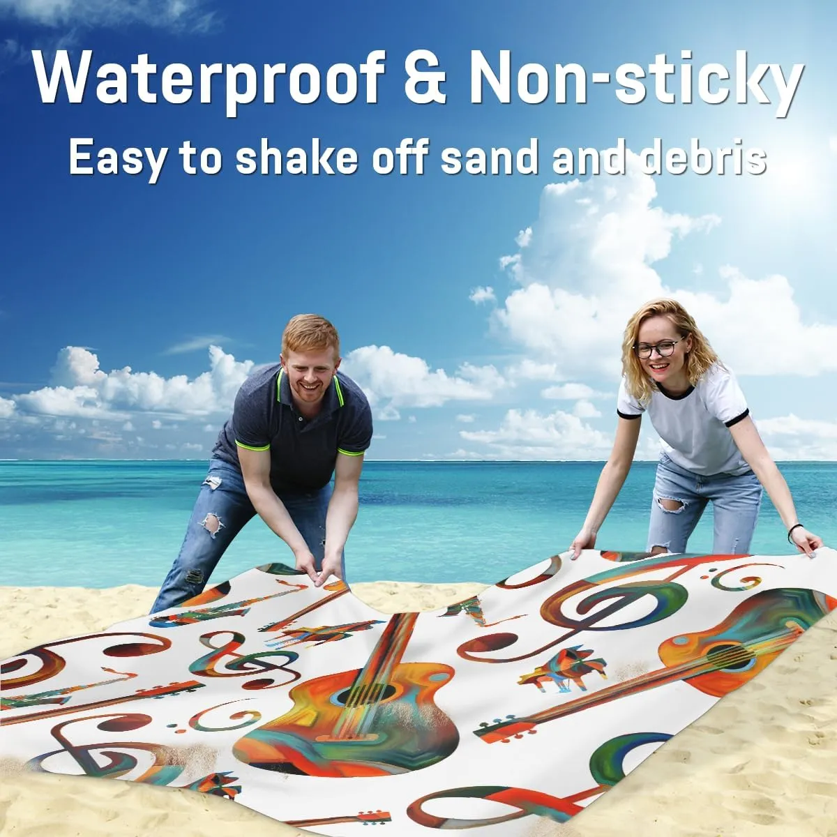 Beach Blanket, Music Theme Sandproof Beach Mat, Waterproof Quick Drying Sand Free Mat with 4 x Ground Spikes for Outdoor Travel Camping Hiking, Guitar Piano Saxophone 68 x 59 in