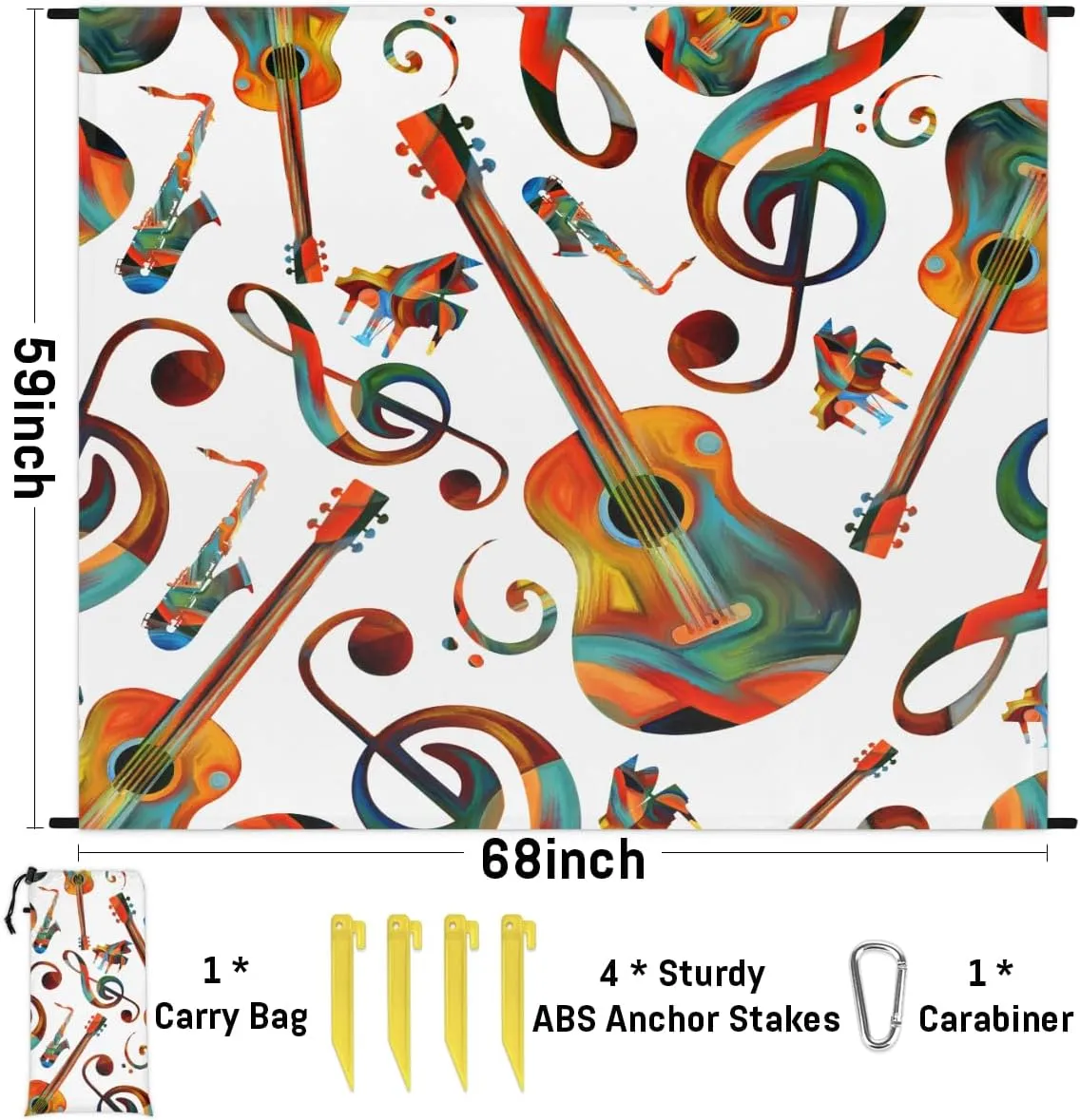 Beach Blanket, Music Theme Sandproof Beach Mat, Waterproof Quick Drying Sand Free Mat with 4 x Ground Spikes for Outdoor Travel Camping Hiking, Guitar Piano Saxophone 68 x 59 in