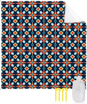 Beach Blanket Sandproof, Abstract Flowers Geometric Texture Navy Blue Orange Waterproof Beach Mat Lightweight Quick Drying Picnic Blanket Beach Essentials for Travel Camping Hiking 108x84in