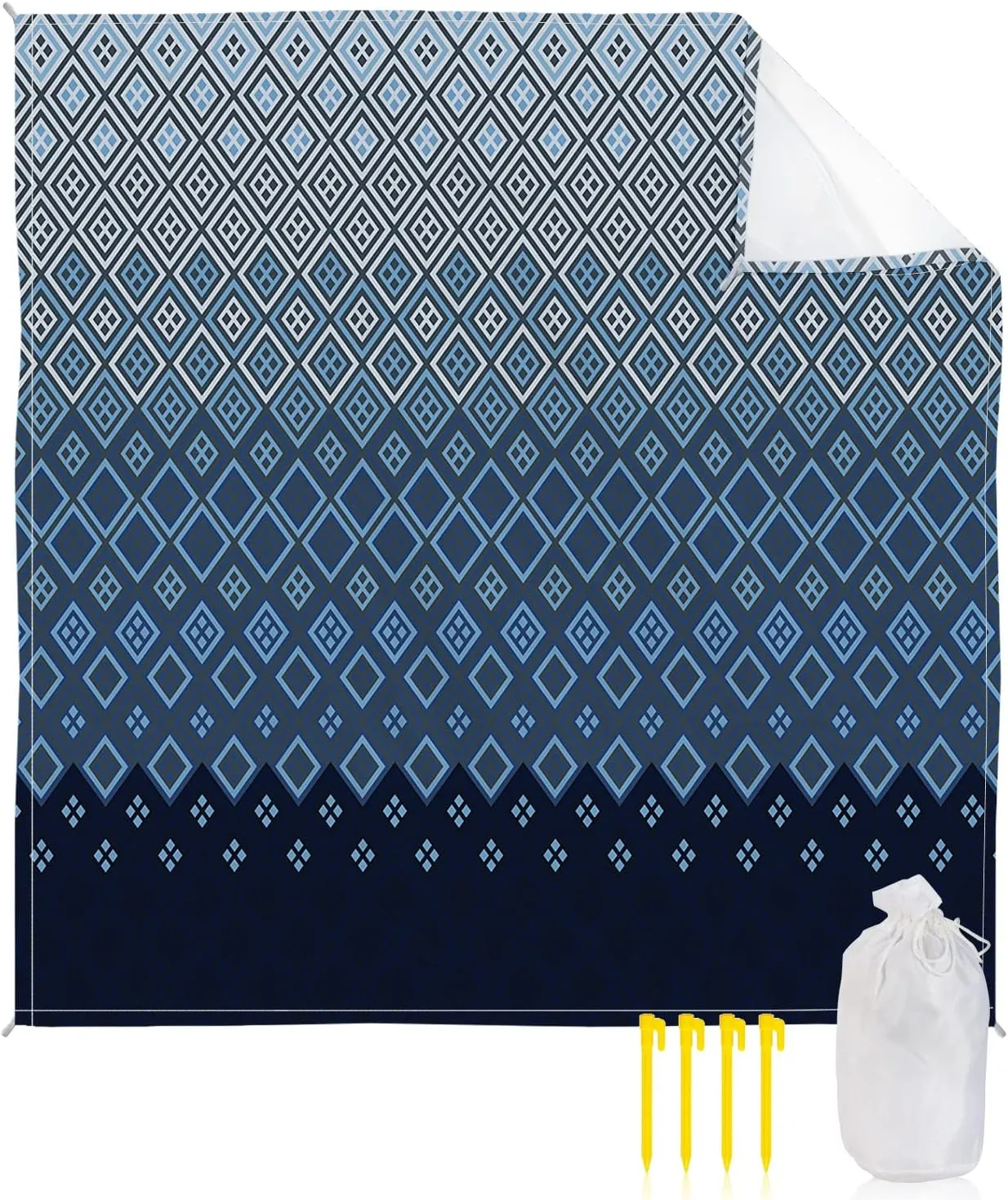 Beach Blanket Sandproof, Abstract Gradient Blue Diamond Texture Waterproof Beach Mat Lightweight Quick Drying Picnic Blanket Beach Essentials for Travel Camping Hiking 108x84in