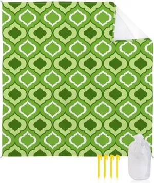 Beach Blanket Sandproof, Green Moroccan Pattern Geometric Waterproof Beach Mat Lightweight Quick Drying Picnic Blanket Beach Essentials for Travel Camping Hiking 108x84in