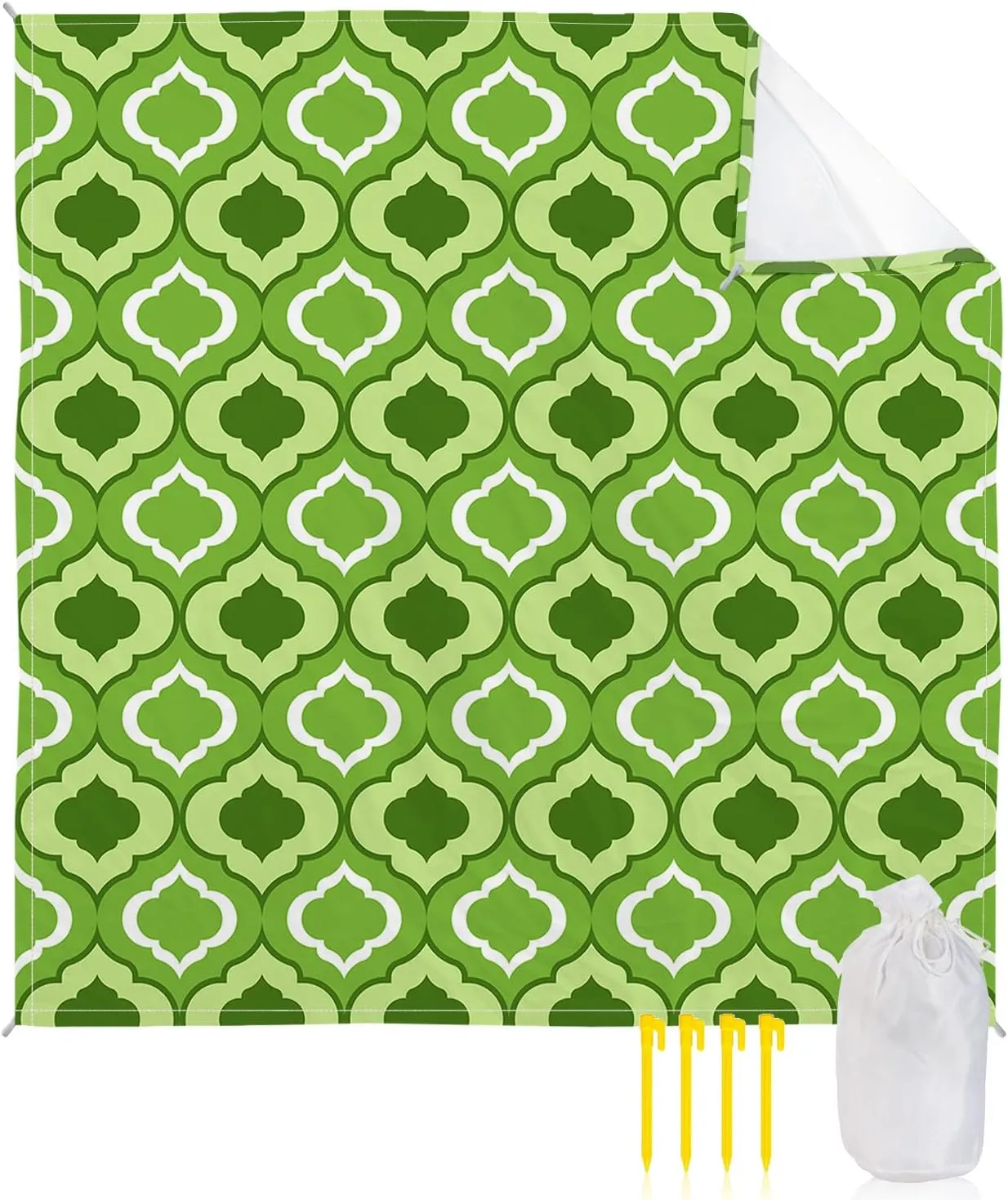 Beach Blanket Sandproof, Green Moroccan Pattern Geometric Waterproof Beach Mat Lightweight Quick Drying Picnic Blanket Beach Essentials for Travel Camping Hiking 108x84in