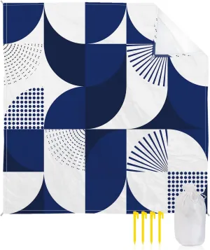 Beach Blanket Sandproof, Mid-Century Abstract Navy Blue White Waterproof Beach Mat Lightweight Quick Drying Picnic Blanket Beach Essentials for Travel Camping Hiking 95x80in