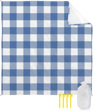 Beach Blanket Sandproof, Pastoral Style Blue Lattice Waterproof Beach Mat Lightweight Quick Drying Picnic Blanket Beach Essentials for Travel Camping Hiking 118x108in