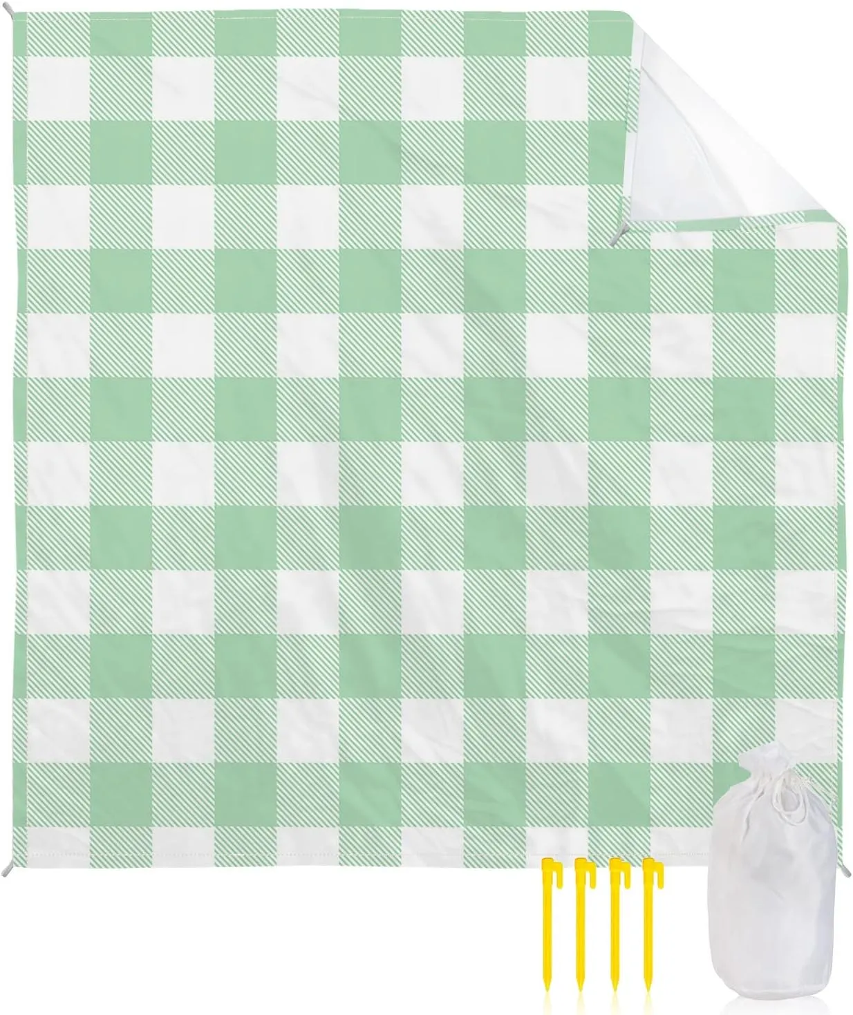 Beach Blanket Sandproof, Pastoral Style Light Green Lattice Waterproof Beach Mat Lightweight Quick Drying Picnic Blanket Beach Essentials for Travel Camping Hiking 95x80in
