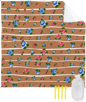 Beach Blanket Sandproof, Spring Flowers with Leaves Brown Stripe Waterproof Beach Mat Lightweight Quick Drying Picnic Blanket Beach Essentials for Travel Camping Hiking 118x108in
