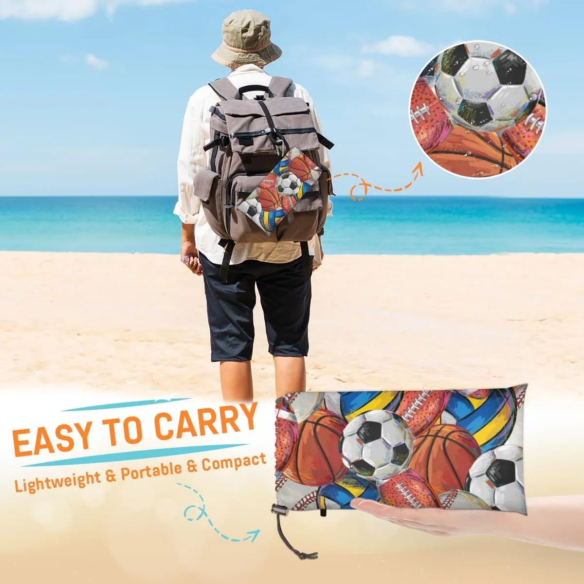 Beach Blanket, Sport Theme Sandproof Beach Mat, Waterproof Quick Drying Sand Free Mat with 4 x Ground Spikes for Outdoor Travel Camping Hiking, Basketball Volleyball Football 68 x 59 in