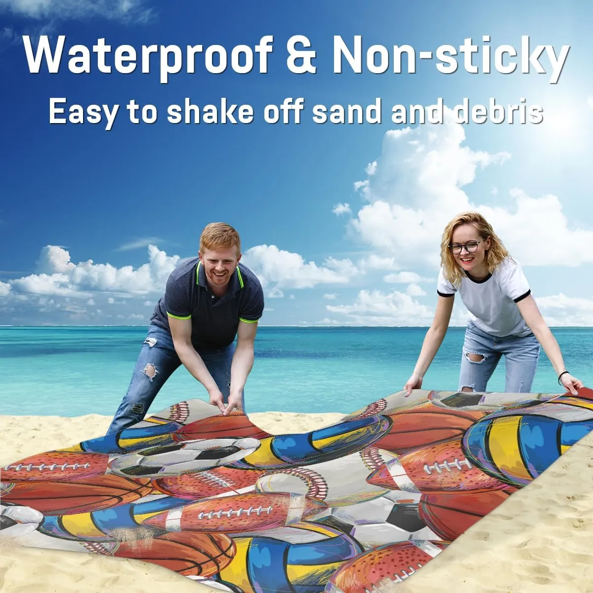 Beach Blanket, Sport Theme Sandproof Beach Mat, Waterproof Quick Drying Sand Free Mat with 4 x Ground Spikes for Outdoor Travel Camping Hiking, Basketball Volleyball Football 68 x 59 in
