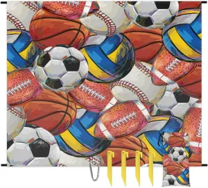 Beach Blanket, Sport Theme Sandproof Beach Mat, Waterproof Quick Drying Sand Free Mat with 4 x Ground Spikes for Outdoor Travel Camping Hiking, Basketball Volleyball Football 68 x 59 in