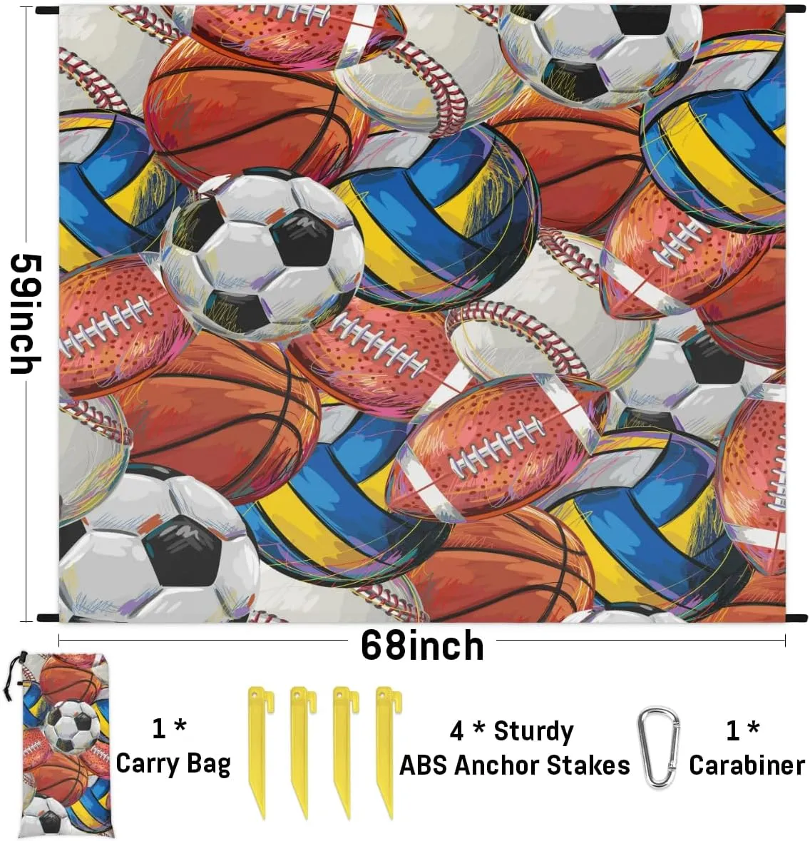 Beach Blanket, Sport Theme Sandproof Beach Mat, Waterproof Quick Drying Sand Free Mat with 4 x Ground Spikes for Outdoor Travel Camping Hiking, Basketball Volleyball Football 68 x 59 in