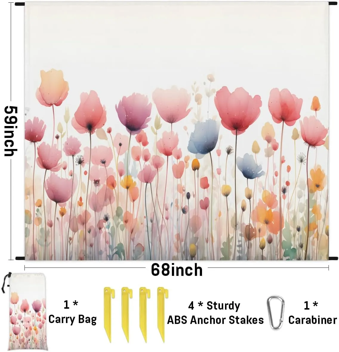 Beach Blanket, Spring Floral Sandproof Beach Mat, Waterproof Quick Drying Sand Free Mat with 4 x Ground Spikes for Outdoor Travel Camping Hiking, Watercolor Wild Flowers 68 x 59 in