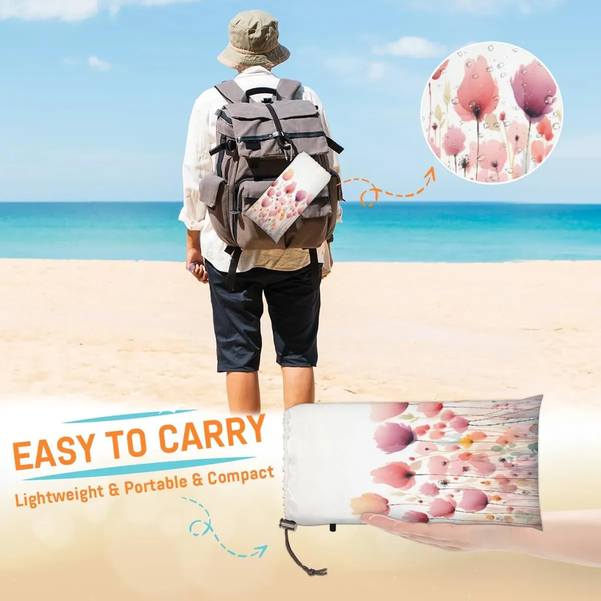 Beach Blanket, Spring Floral Sandproof Beach Mat, Waterproof Quick Drying Sand Free Mat with 4 x Ground Spikes for Outdoor Travel Camping Hiking, Watercolor Wild Flowers 68 x 59 in