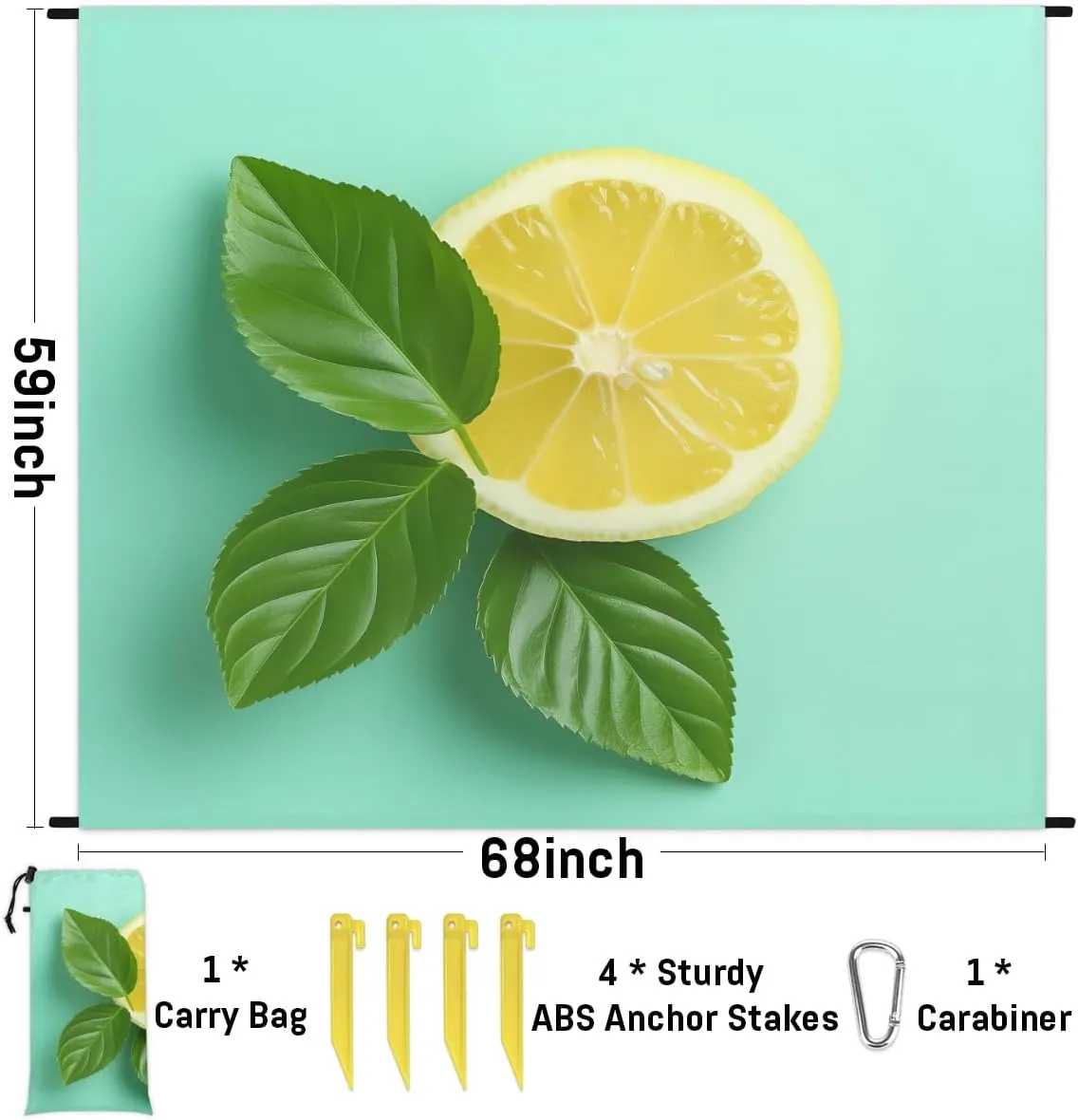 Beach Blanket, Summer Lemon Sandproof Beach Mat, Waterproof Quick Drying Sand Free Mat with 4 x Ground Spikes for Outdoor Travel Camping Hiking, Lemon 68 x 59 in