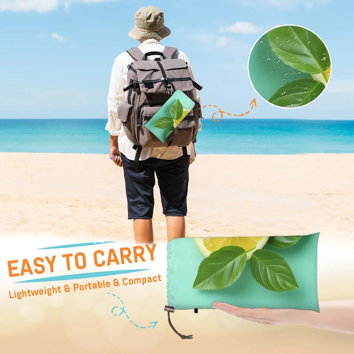 Beach Blanket, Summer Lemon Sandproof Beach Mat, Waterproof Quick Drying Sand Free Mat with 4 x Ground Spikes for Outdoor Travel Camping Hiking, Lemon 68 x 59 in