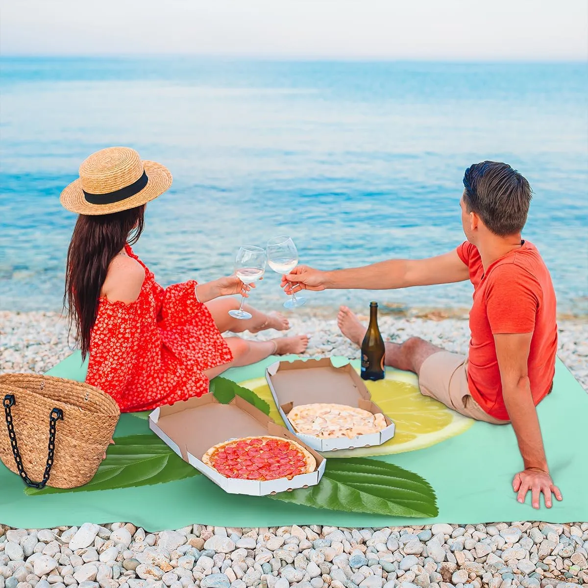 Beach Blanket, Summer Lemon Sandproof Beach Mat, Waterproof Quick Drying Sand Free Mat with 4 x Ground Spikes for Outdoor Travel Camping Hiking, Lemon 68 x 59 in