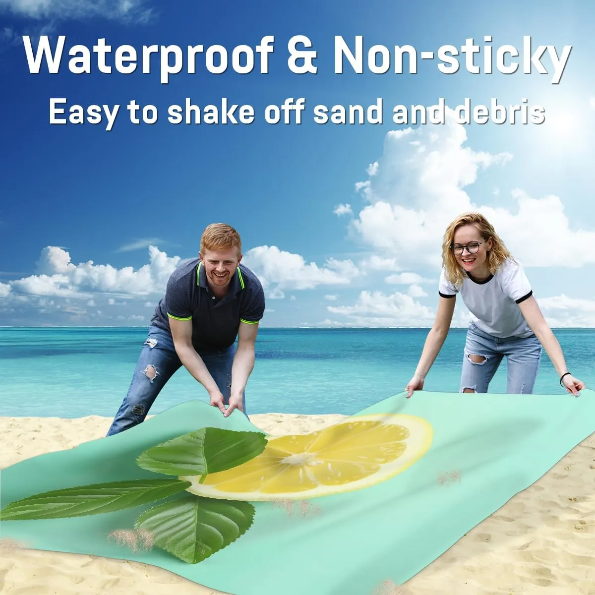 Beach Blanket, Summer Lemon Sandproof Beach Mat, Waterproof Quick Drying Sand Free Mat with 4 x Ground Spikes for Outdoor Travel Camping Hiking, Lemon 68 x 59 in