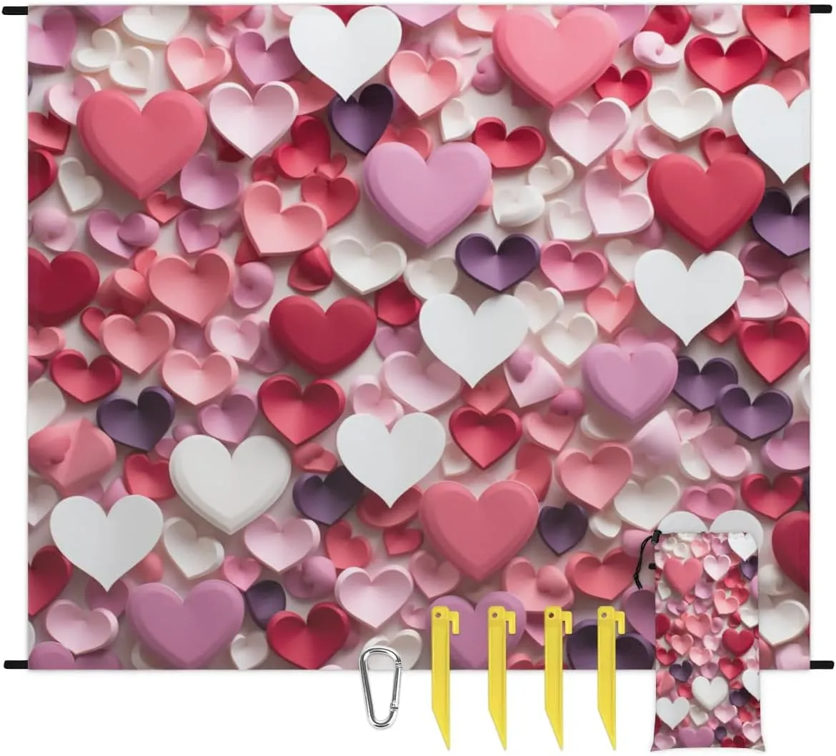 Beach Blanket, Valentine's Day Heart Sandproof Beach Mat, Waterproof Quick Drying Sand Free Mat with 4 x Ground Spikes for Outdoor Travel Camping Hiking, Love Hearts 68 x 59 in