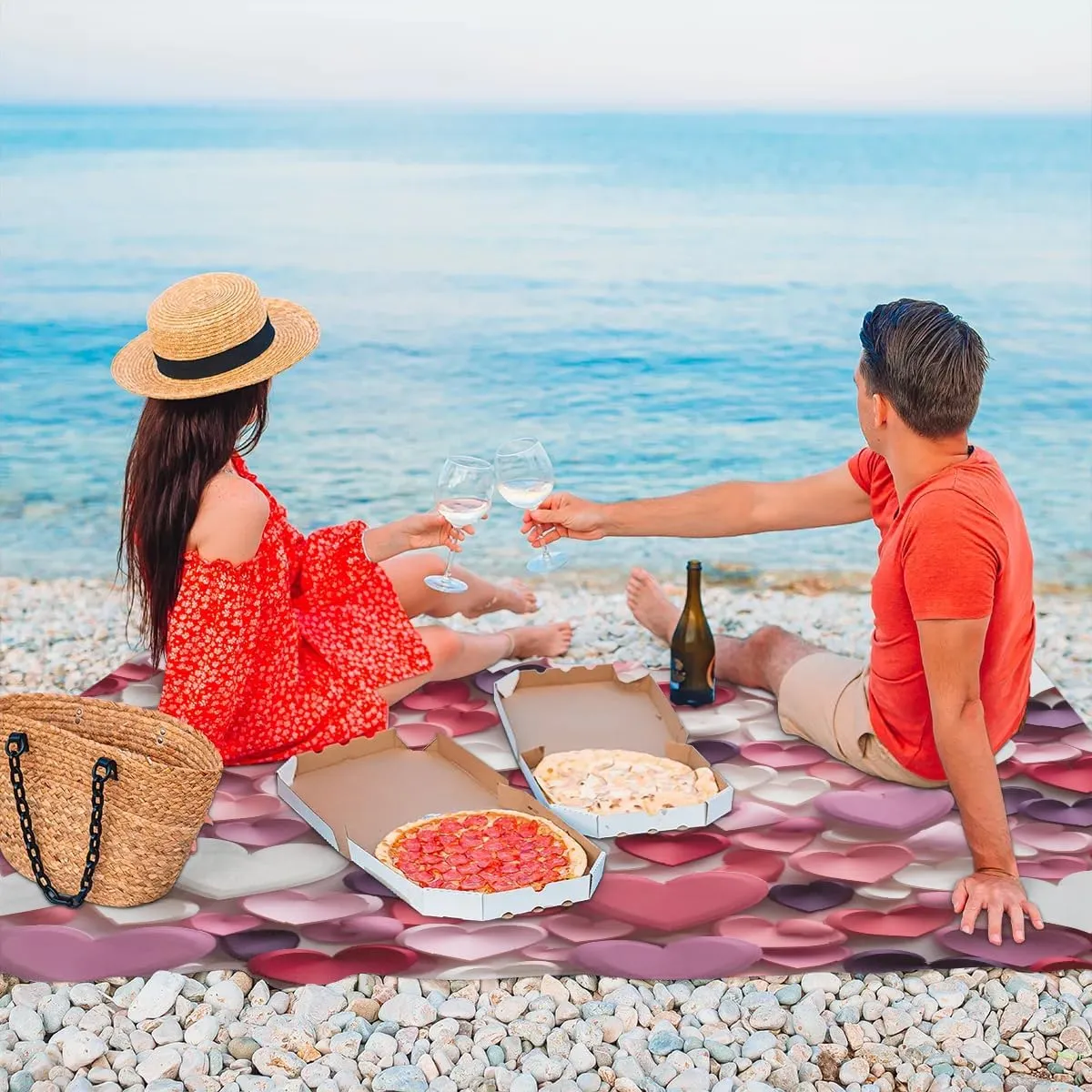Beach Blanket, Valentine's Day Heart Sandproof Beach Mat, Waterproof Quick Drying Sand Free Mat with 4 x Ground Spikes for Outdoor Travel Camping Hiking, Love Hearts 68 x 59 in