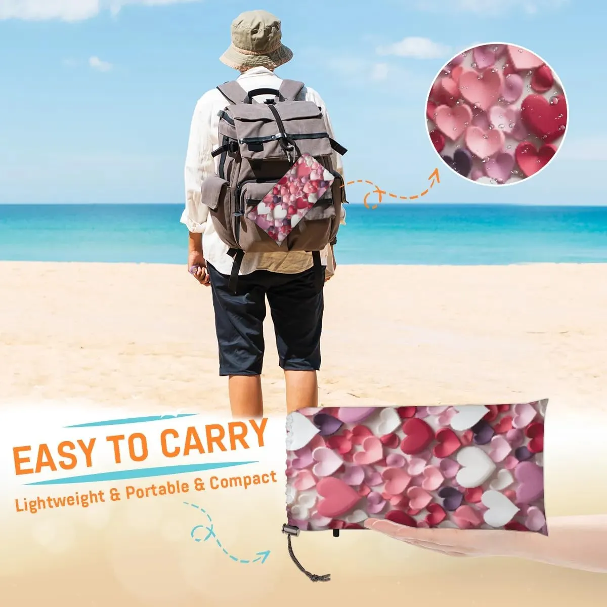 Beach Blanket, Valentine's Day Heart Sandproof Beach Mat, Waterproof Quick Drying Sand Free Mat with 4 x Ground Spikes for Outdoor Travel Camping Hiking, Love Hearts 68 x 59 in