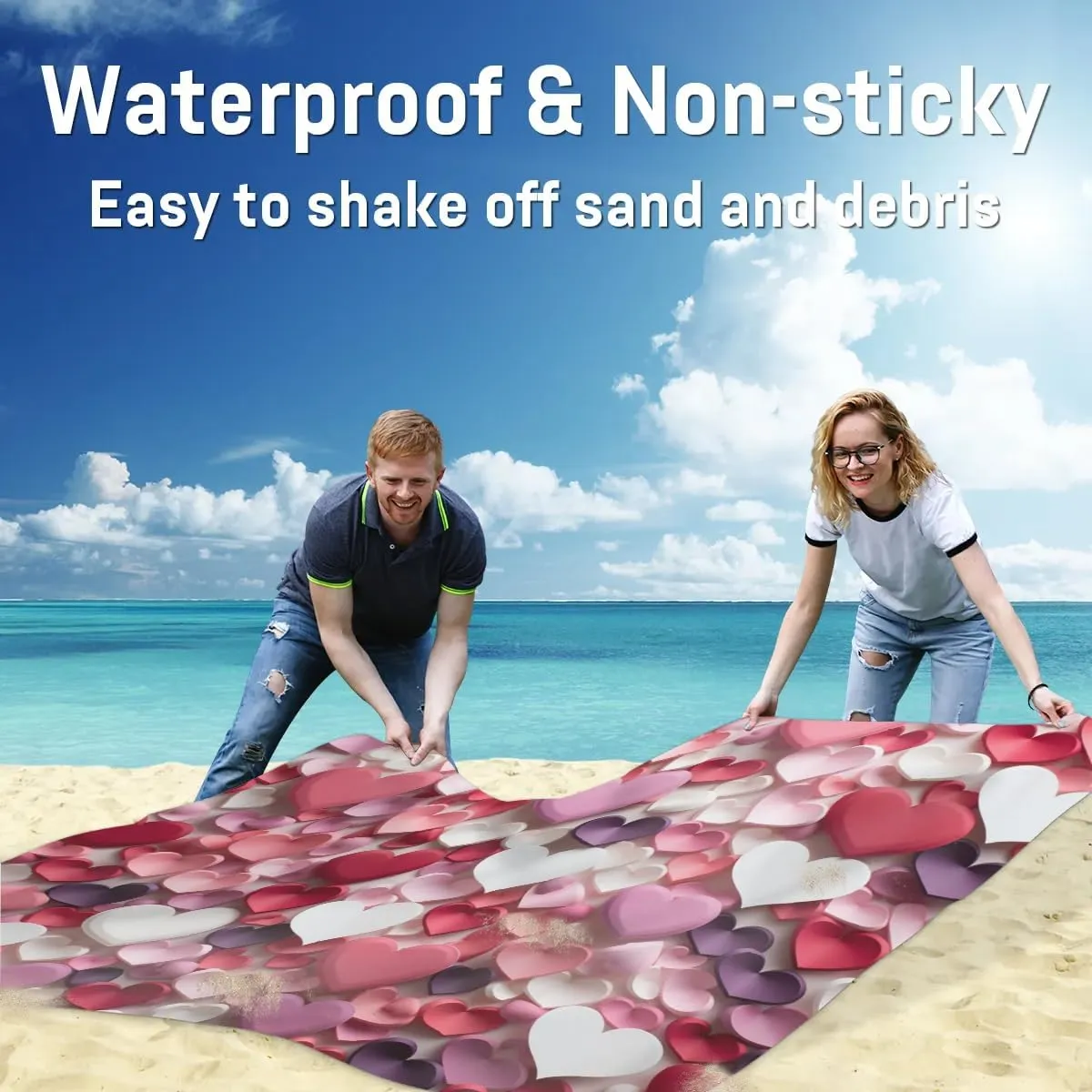 Beach Blanket, Valentine's Day Heart Sandproof Beach Mat, Waterproof Quick Drying Sand Free Mat with 4 x Ground Spikes for Outdoor Travel Camping Hiking, Love Hearts 68 x 59 in