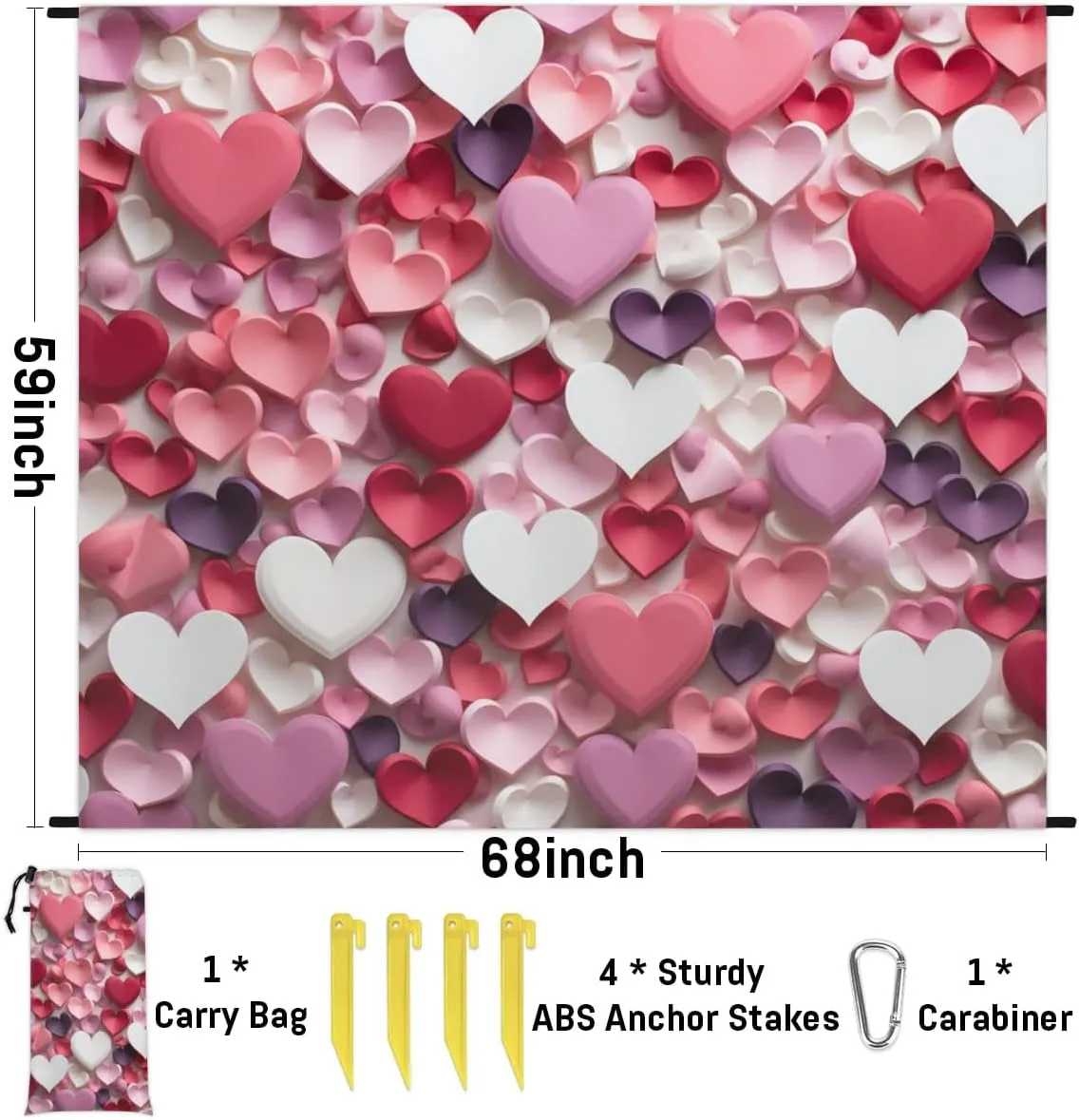 Beach Blanket, Valentine's Day Heart Sandproof Beach Mat, Waterproof Quick Drying Sand Free Mat with 4 x Ground Spikes for Outdoor Travel Camping Hiking, Love Hearts 68 x 59 in