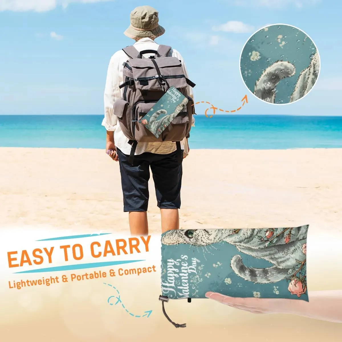 Beach Blanket, Valentine's Day Sandproof Beach Mat, Waterproof Quick Drying Sand Free Mat with 4 x Ground Spikes for Outdoor Travel Camping Hiking, Funny Cat Rose 68 x 59 in