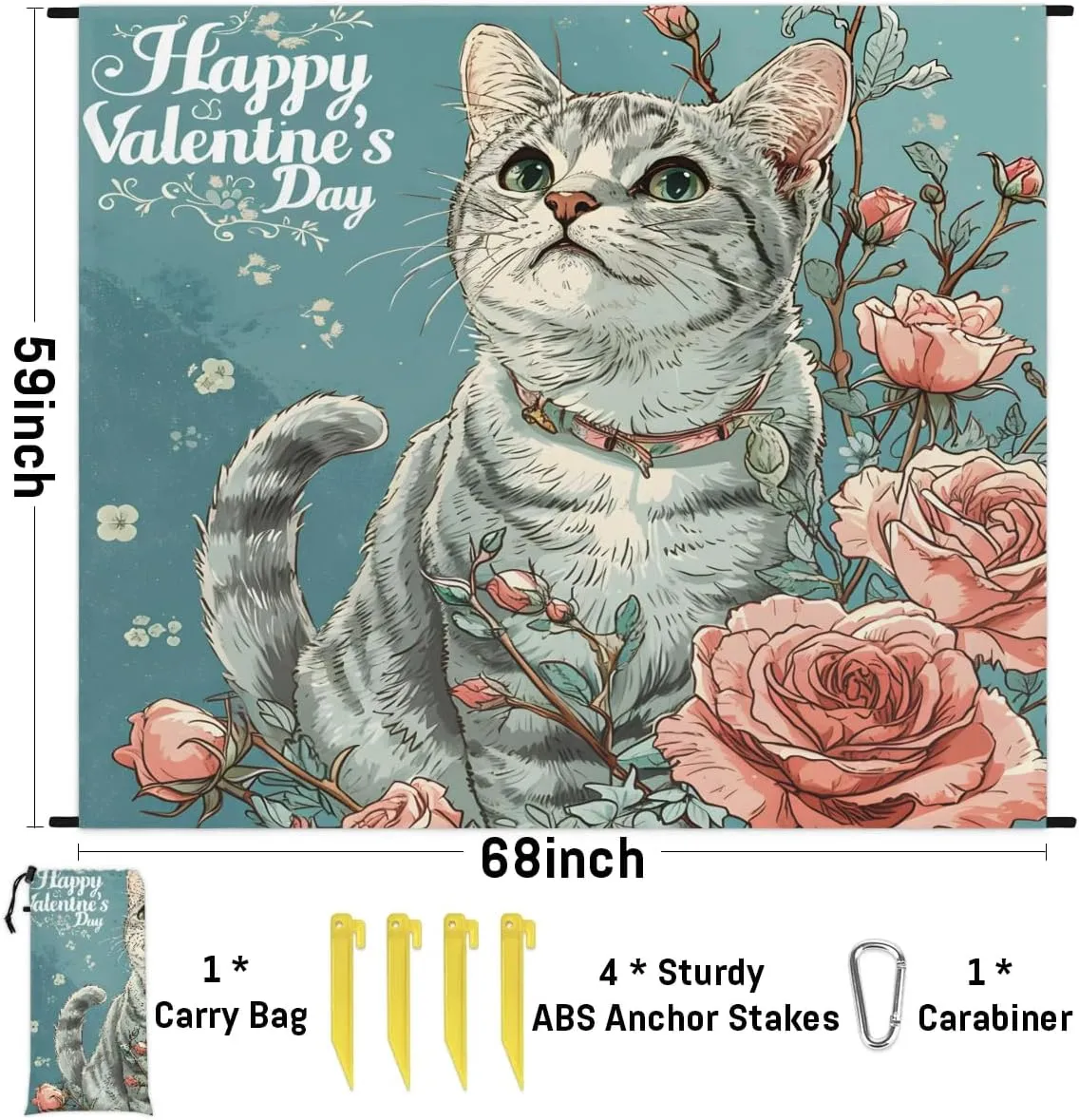 Beach Blanket, Valentine's Day Sandproof Beach Mat, Waterproof Quick Drying Sand Free Mat with 4 x Ground Spikes for Outdoor Travel Camping Hiking, Funny Cat Rose 68 x 59 in