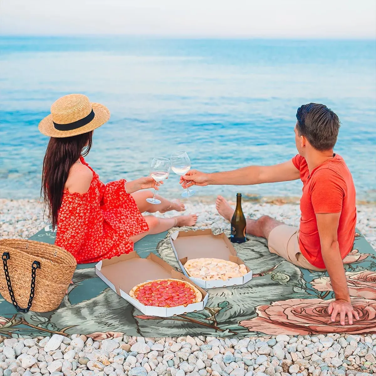 Beach Blanket, Valentine's Day Sandproof Beach Mat, Waterproof Quick Drying Sand Free Mat with 4 x Ground Spikes for Outdoor Travel Camping Hiking, Funny Cat Rose 68 x 59 in