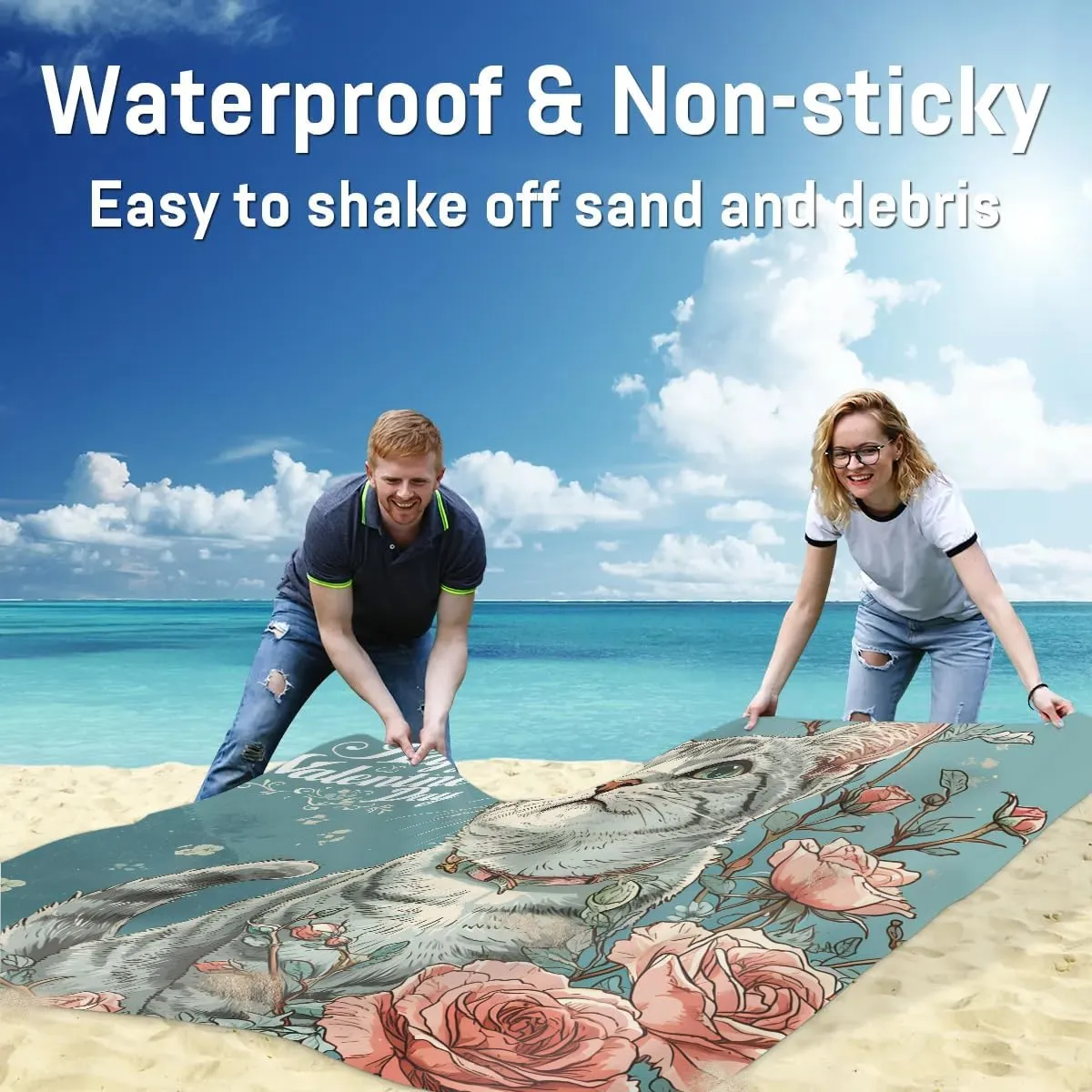 Beach Blanket, Valentine's Day Sandproof Beach Mat, Waterproof Quick Drying Sand Free Mat with 4 x Ground Spikes for Outdoor Travel Camping Hiking, Funny Cat Rose 68 x 59 in