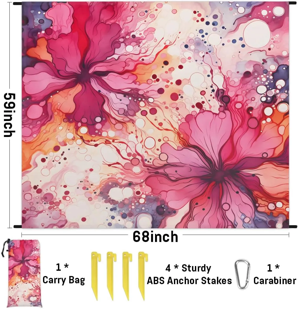 Beach Blanket, Watercolor Flower Sandproof Beach Mat, Waterproof Quick Drying Sand Free Mat with 4 x Ground Spikes for Outdoor Travel Camping Hiking, Peony Floral Spring 68 x 59 in