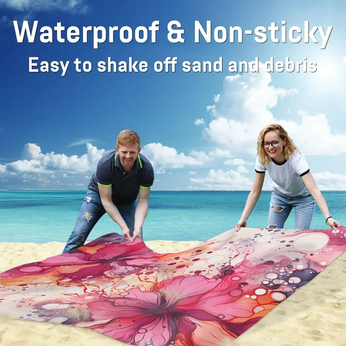 Beach Blanket, Watercolor Flower Sandproof Beach Mat, Waterproof Quick Drying Sand Free Mat with 4 x Ground Spikes for Outdoor Travel Camping Hiking, Peony Floral Spring 68 x 59 in
