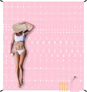 Beach Blanket Waterproof Sandproof, 110''×118'' Extra Large Beach Mat for 8 Adult, Pink Polyester Picnic Blankets w/Stakes, Compact Quick Drying Outdoor Blanket for Travel, Camping, Hiking