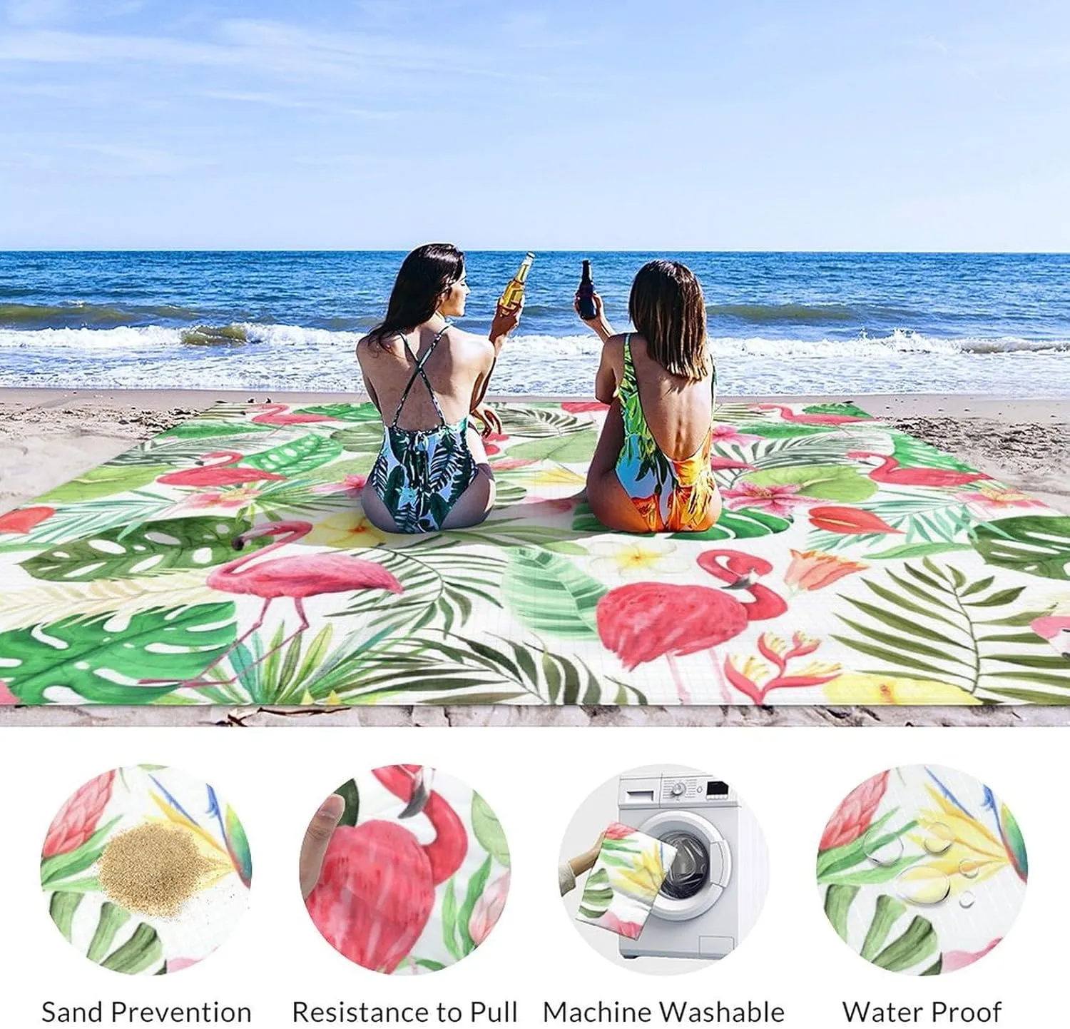 Beach Blanket Waterproof Sandproof - 86x78 Inches Large Flamingo Beach Mat for 4-6 Adults - Lightweight Picnic Blanket - 4 Corner Pockets Camping Blanket for Outdoor Travel Hiking
