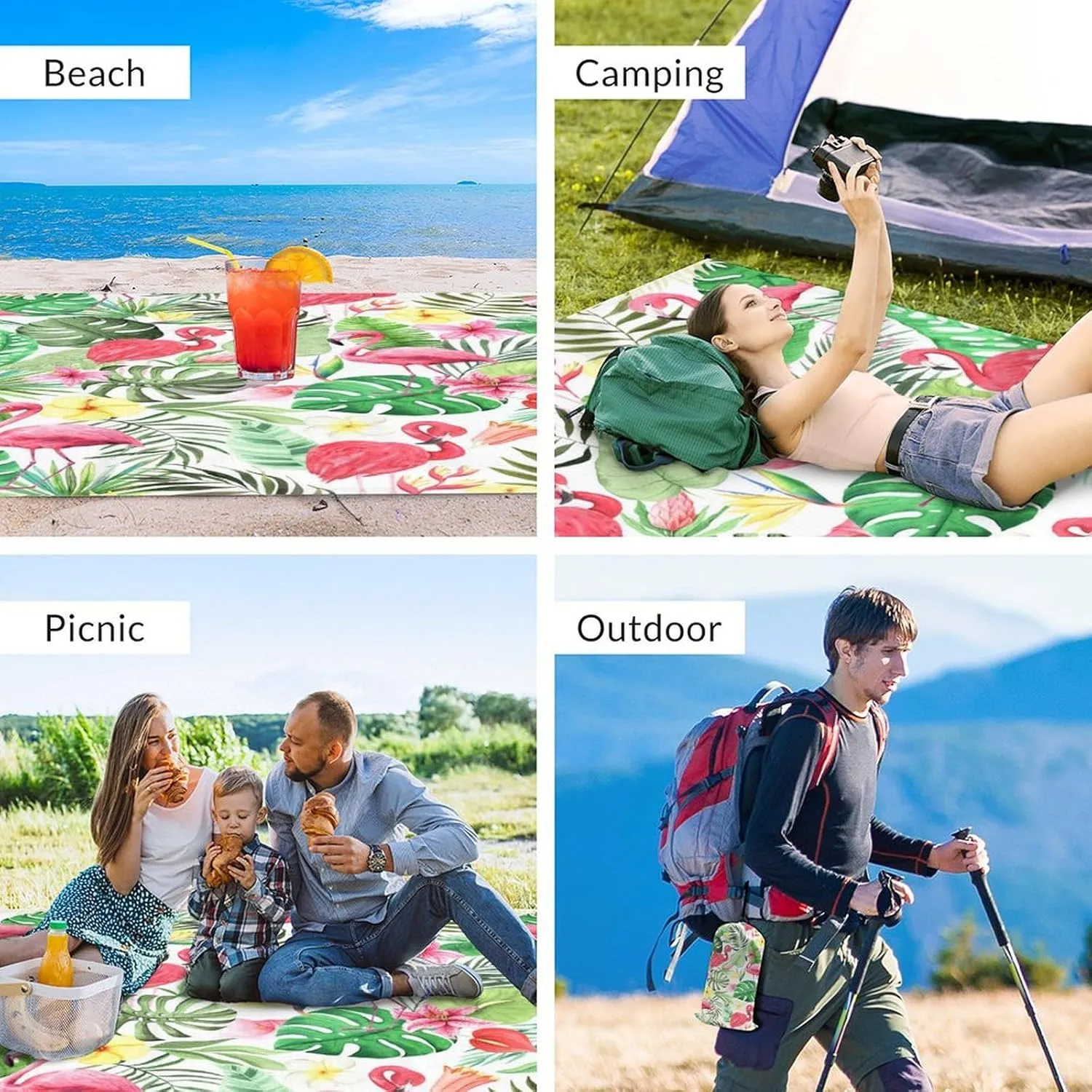 Beach Blanket Waterproof Sandproof - 86x78 Inches Large Flamingo Beach Mat for 4-6 Adults - Lightweight Picnic Blanket - 4 Corner Pockets Camping Blanket for Outdoor Travel Hiking