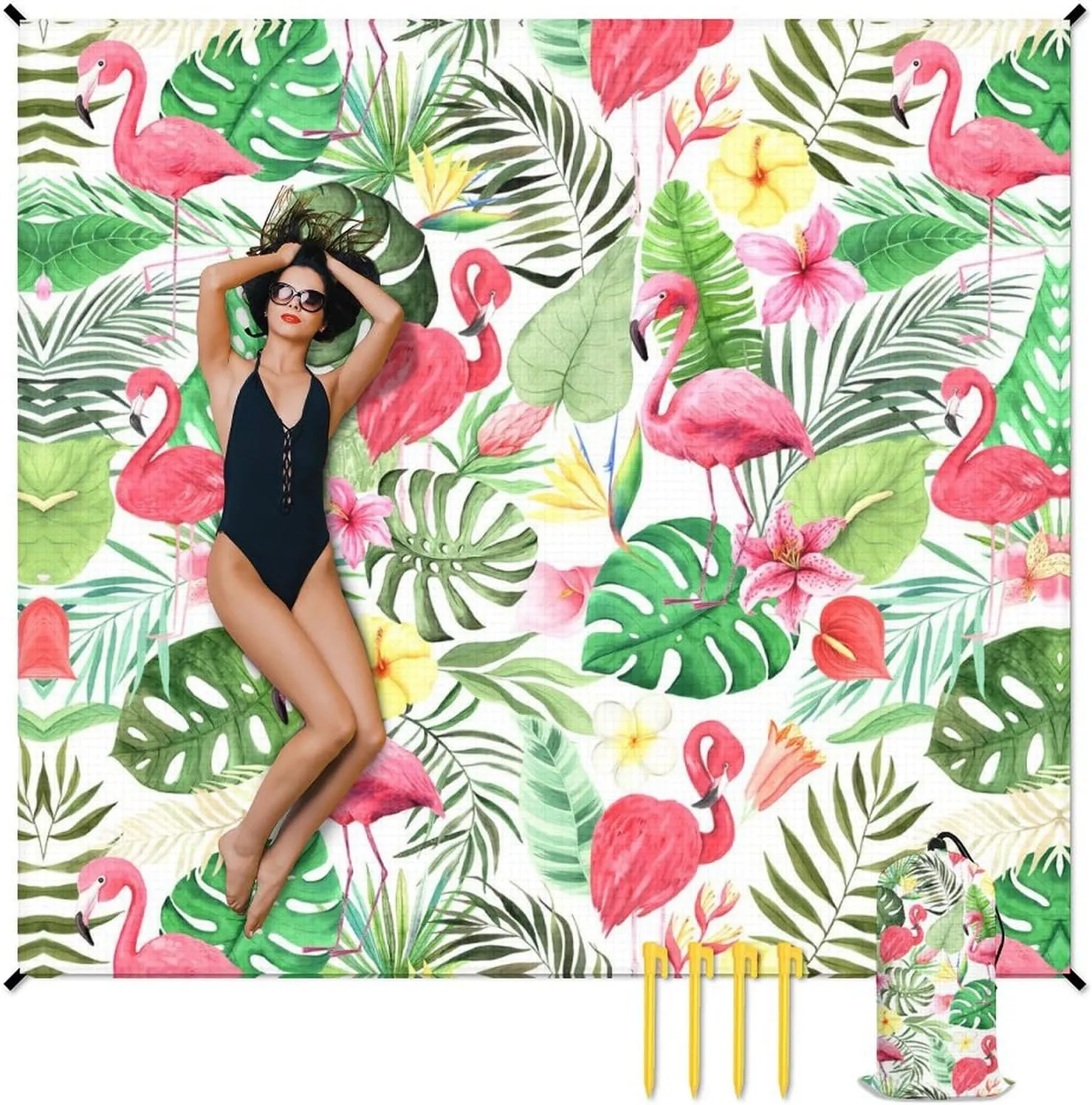 Beach Blanket Waterproof Sandproof - 86x78 Inches Large Flamingo Beach Mat for 4-6 Adults - Lightweight Picnic Blanket - 4 Corner Pockets Camping Blanket for Outdoor Travel Hiking